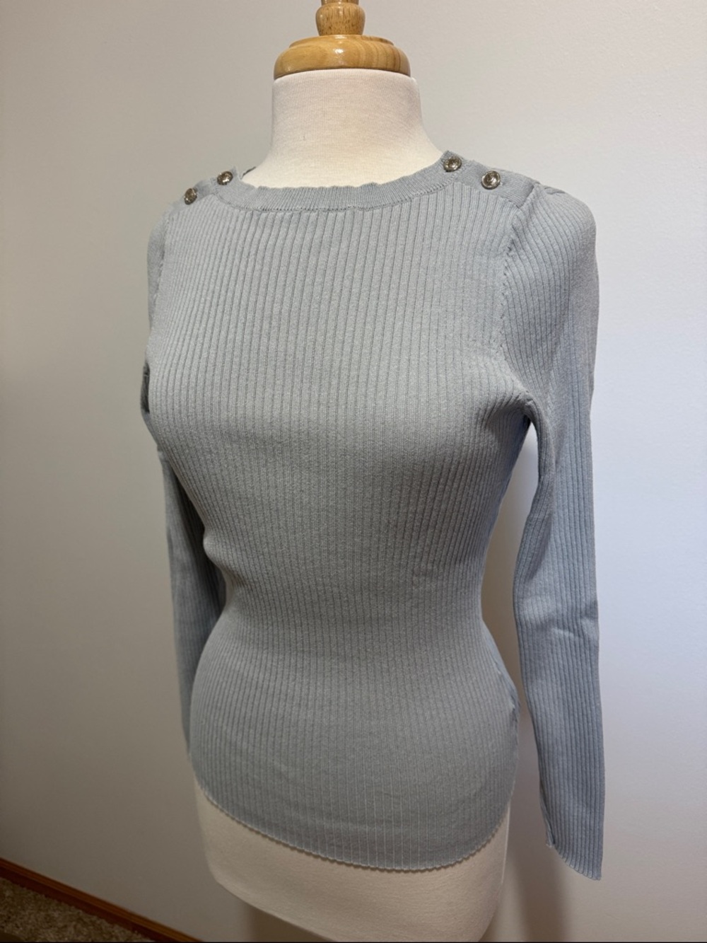 H&M Light Blue Gray Ribbed Button-Shoulder Boatneck Spring Sweater Size S